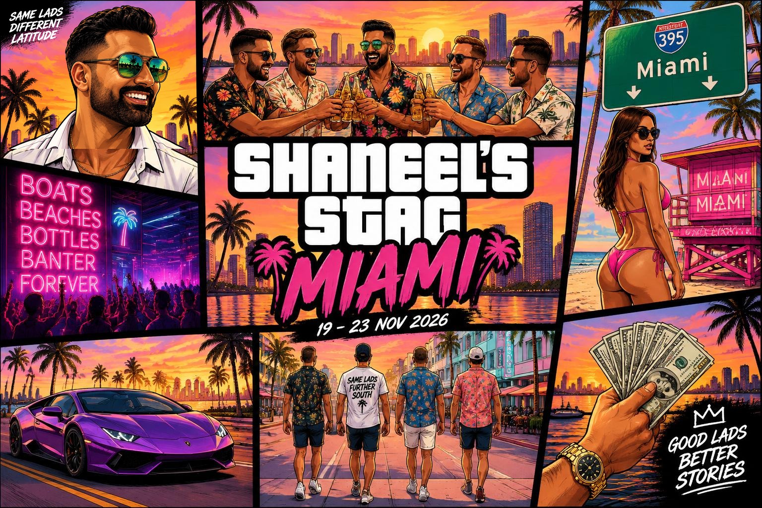 GTA-style comic collage of the crew in Miami